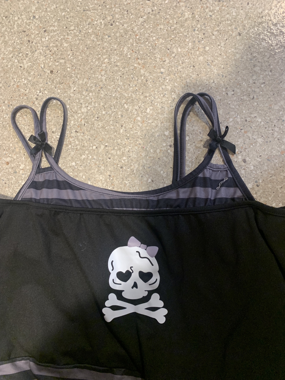 #653 Black Tankini Top with Cute Skull & Bow Graphic
